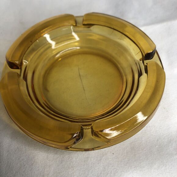 Vintage Amber Ashtray 4.5" Round Sun Yellow Heavy Thick Cut Glass - Picture 3 of 12